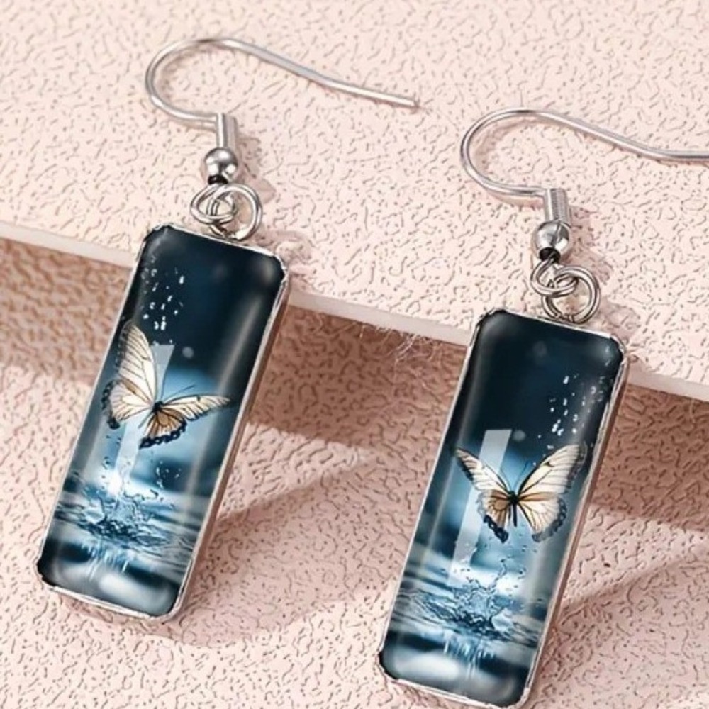 butterfly animal horizontal glass cabochan whimsigoth western dangling earrings